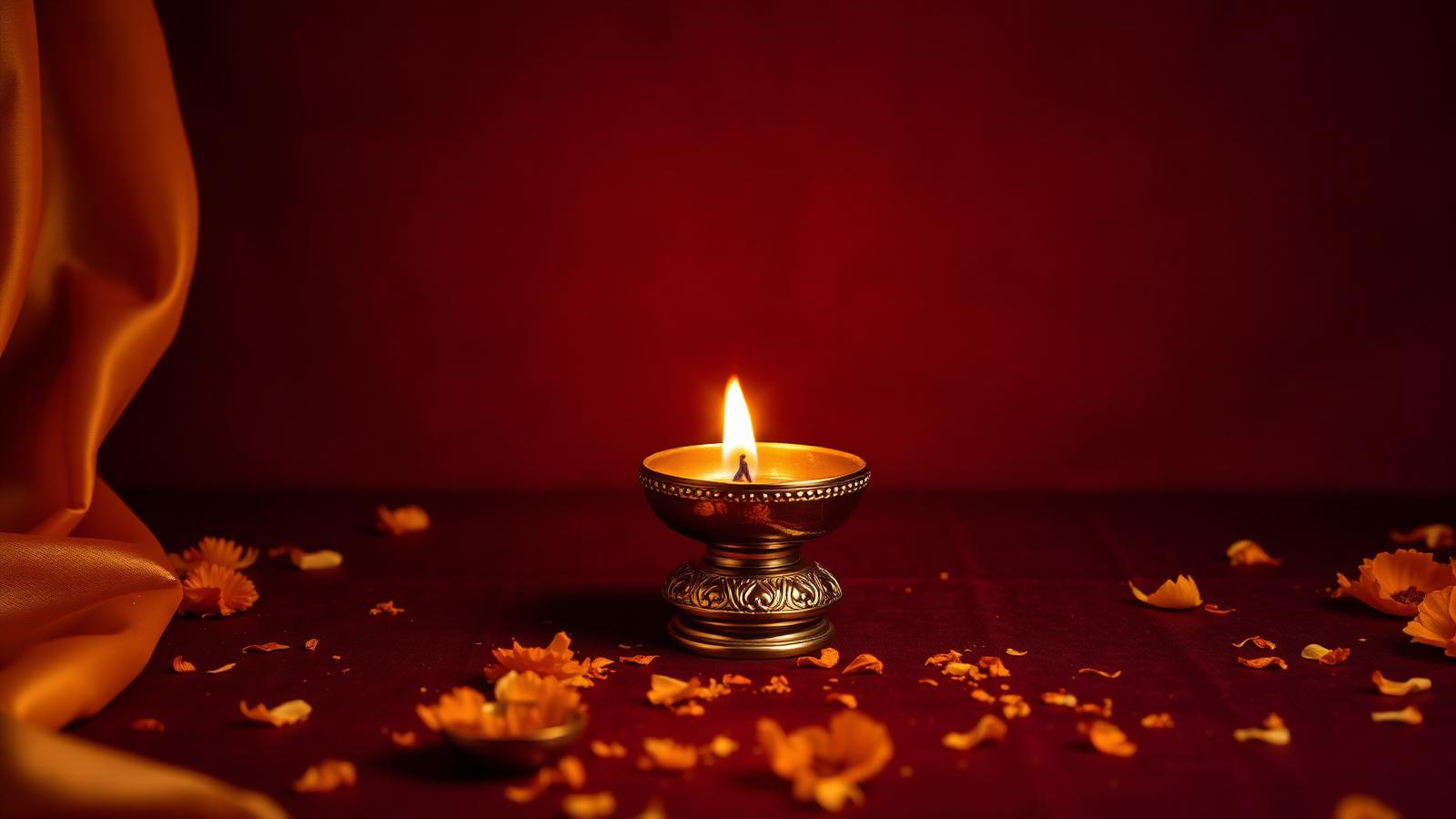 A brass diya lamp glowing against deep maroon silk with scattered marigold petals
