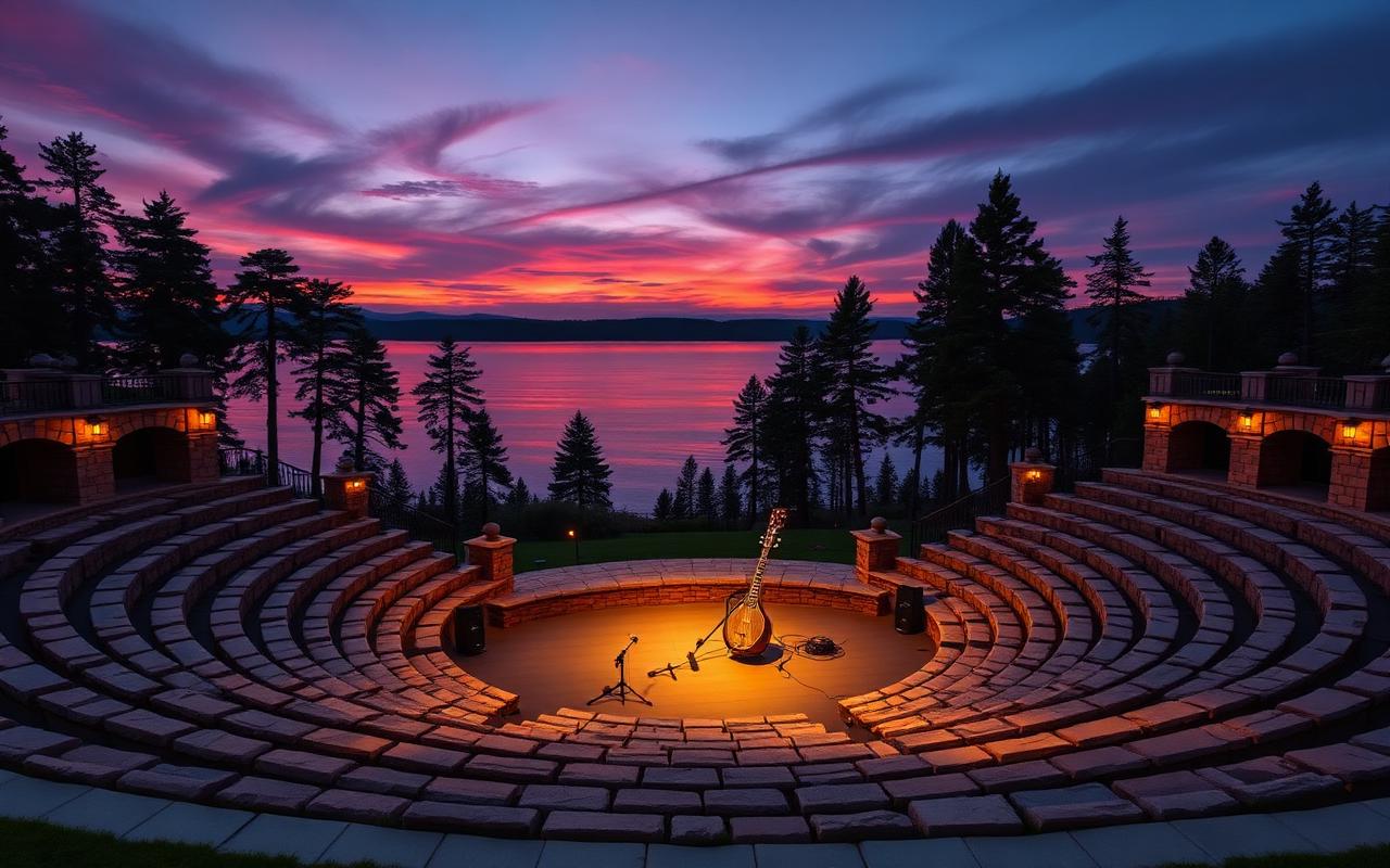 Lakeside amphitheater at dusk, a single tanpura on stage
