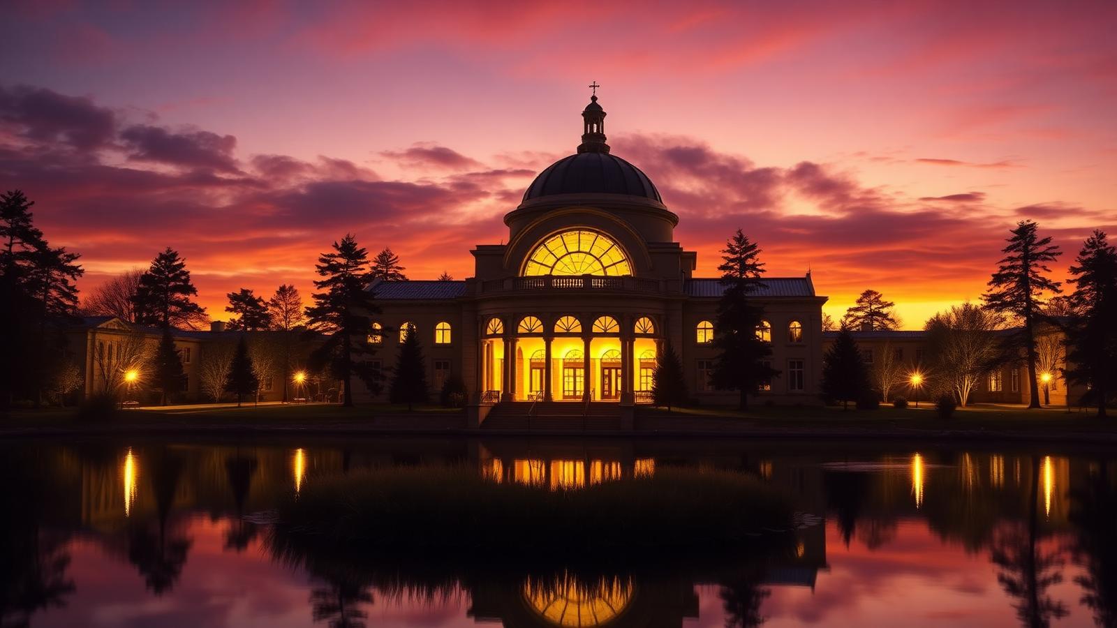 A domed sacred arts hall reflected in a lakeside campus at golden hour